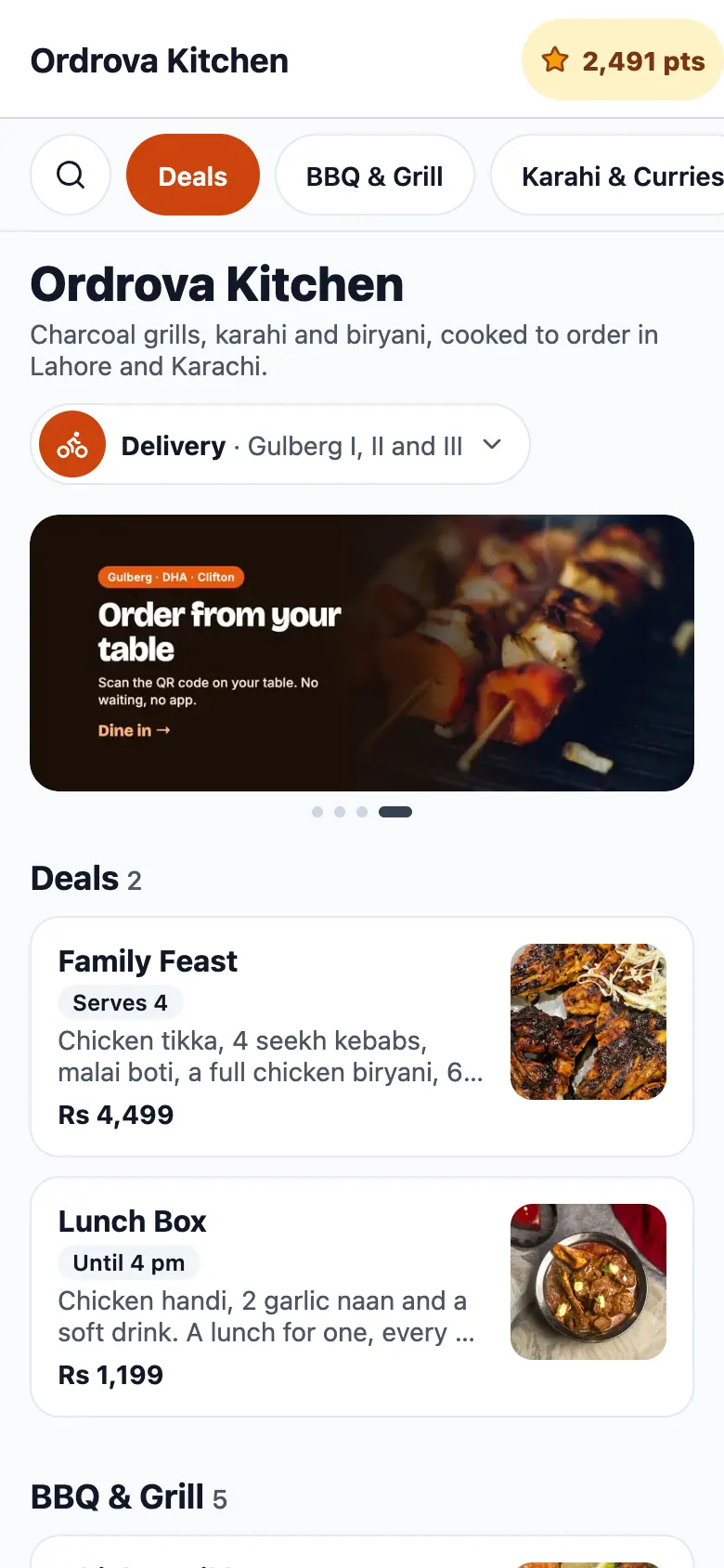 The Ordrova customer app: Ordrova Kitchen's home with delivery chosen, an offer banner, loyalty points and deals.
