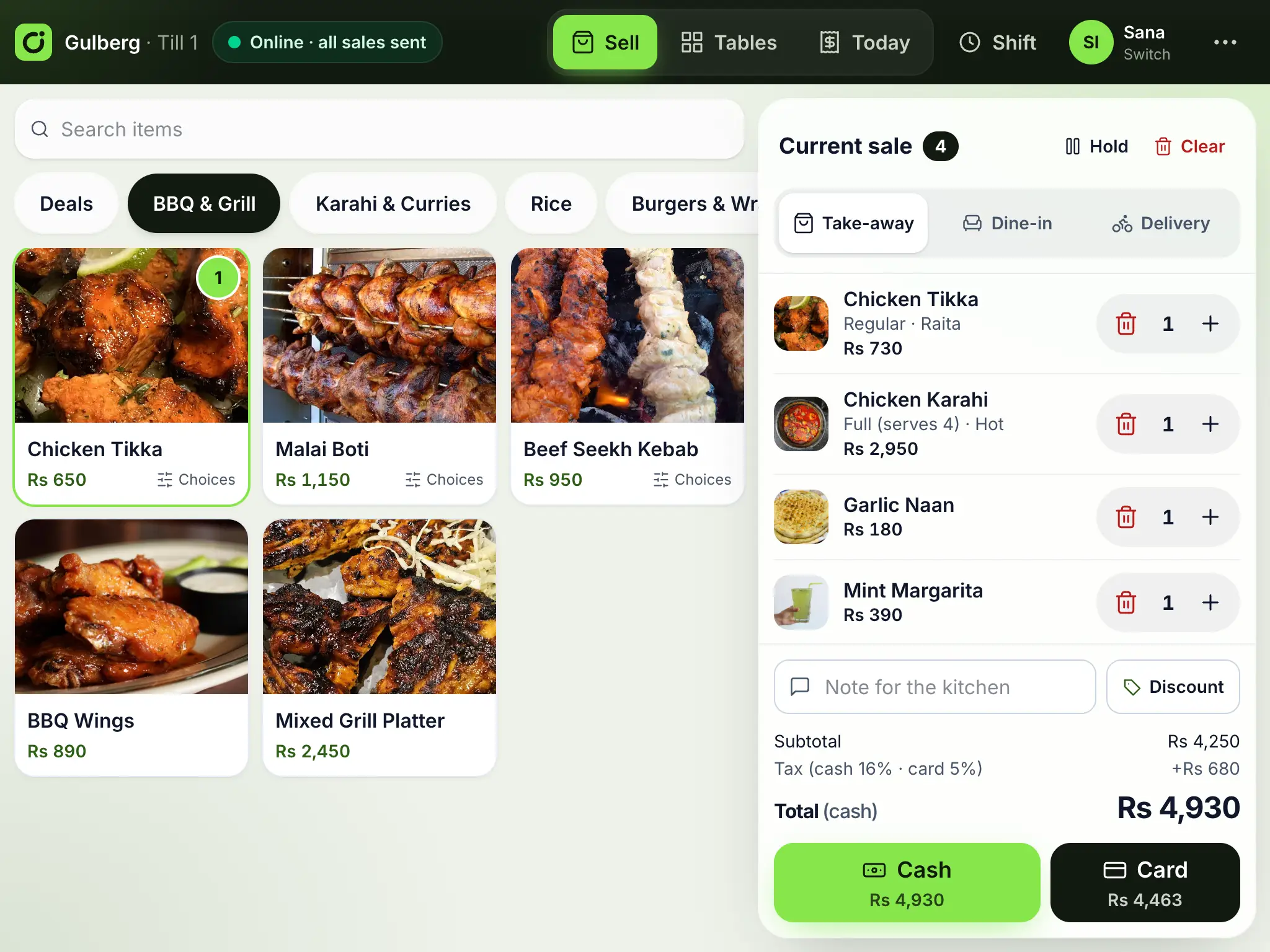 The Ordrova till on a tablet: Chicken Tikka, Chicken Karahi, Garlic Naan and Mint Margarita in the current sale, with the total and Cash and Card buttons, online with all sales sent.