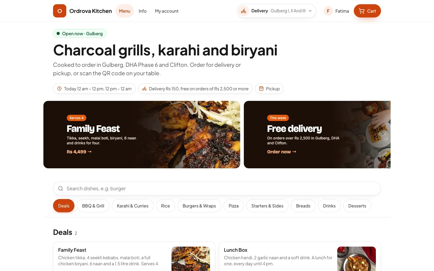 A restaurant's own ordering website on a computer: its name, opening hours, delivery fee, offer banners, menu categories and deals.