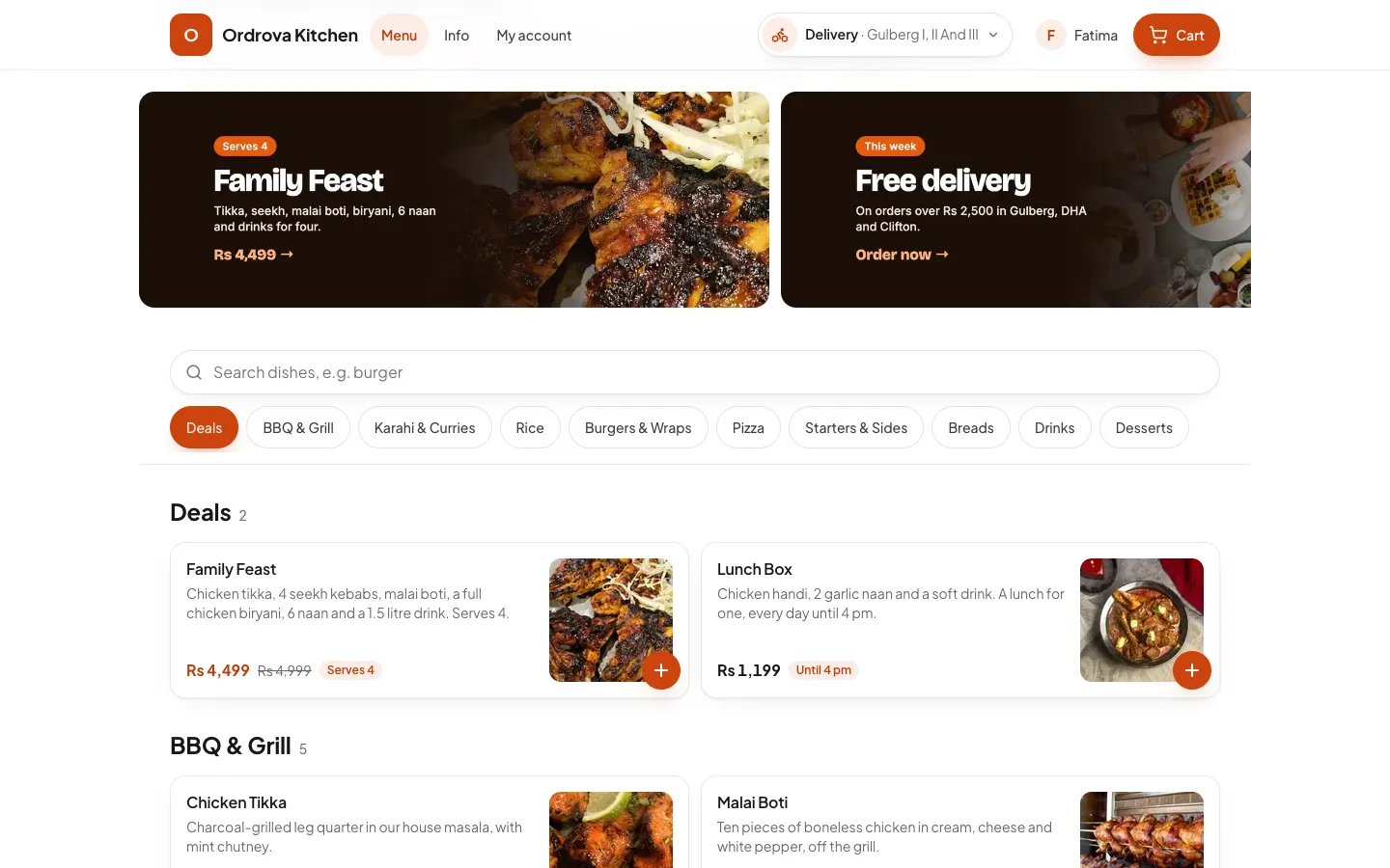 The ordering website's menu with offer banners, a search box, categories and dishes with photos and prices.