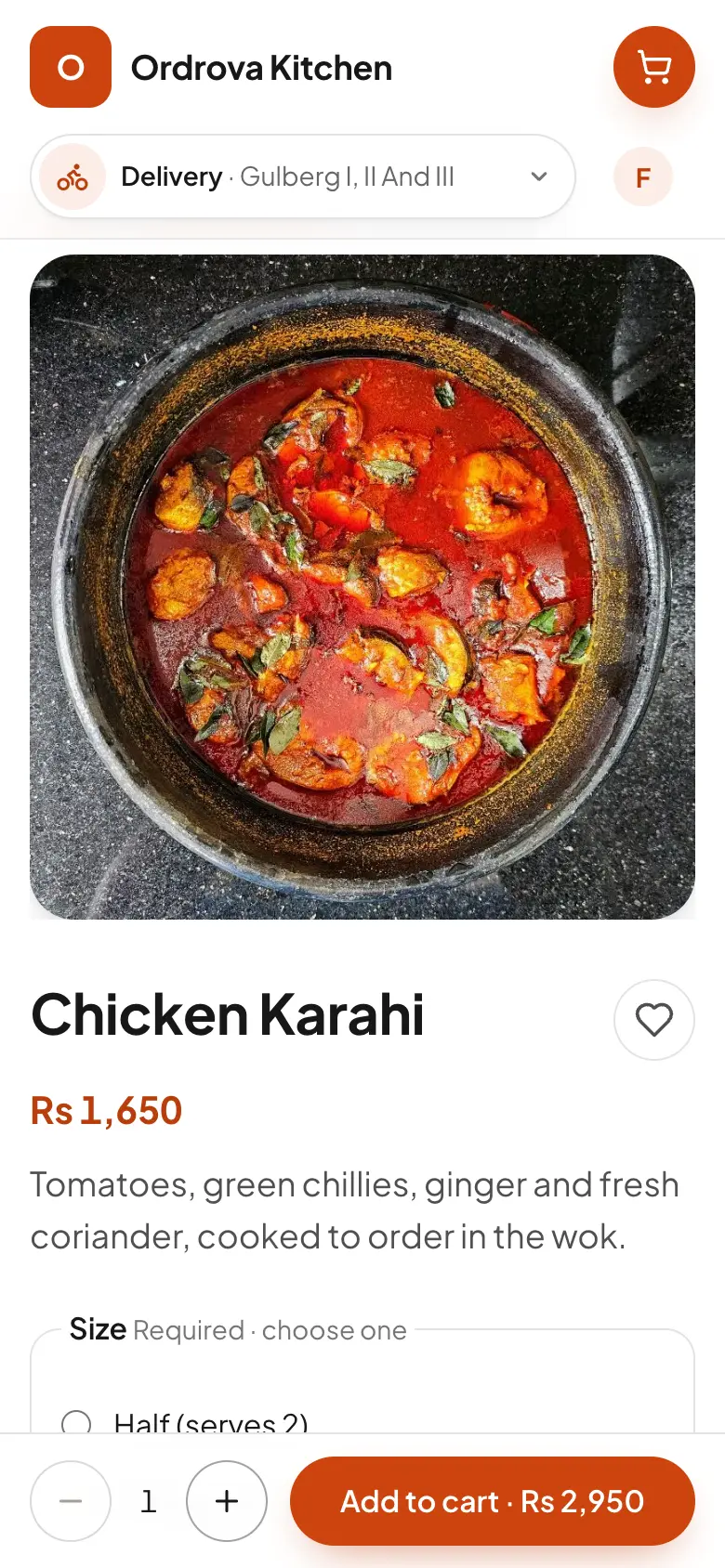 A dish on the ordering website on a phone: Chicken Karahi with its photo, price and options, and Add to cart.