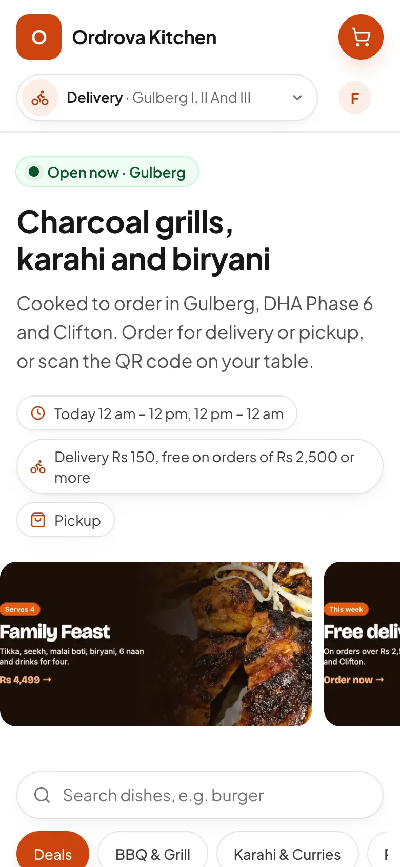 The ordering website on a phone, with delivery to Gulberg chosen, offer banners, search and menu categories.