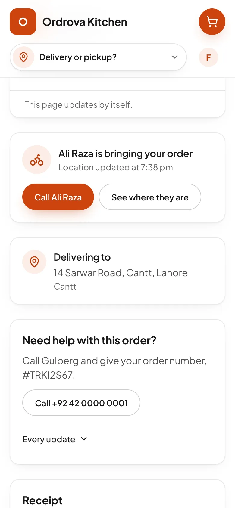The order page on a phone: the rider's name with call and location buttons, the delivery address and the branch's phone number.