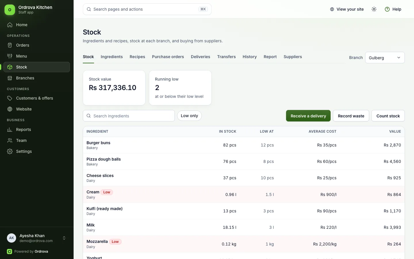 Stock in the staff app: ingredients at a branch with what's in stock, the low level and cost, two marked low.